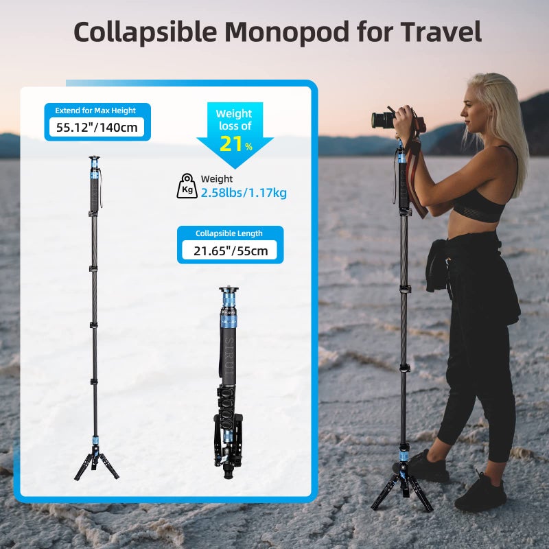 SIRUI P-325FS Monopod with Feet, 55" Carbon Fiber Professional Lightweight Travel Monopod for Cameras, Max Load 22lbs, 360Â° Panorama, 5-Section, Quick Release Plate - Image 5